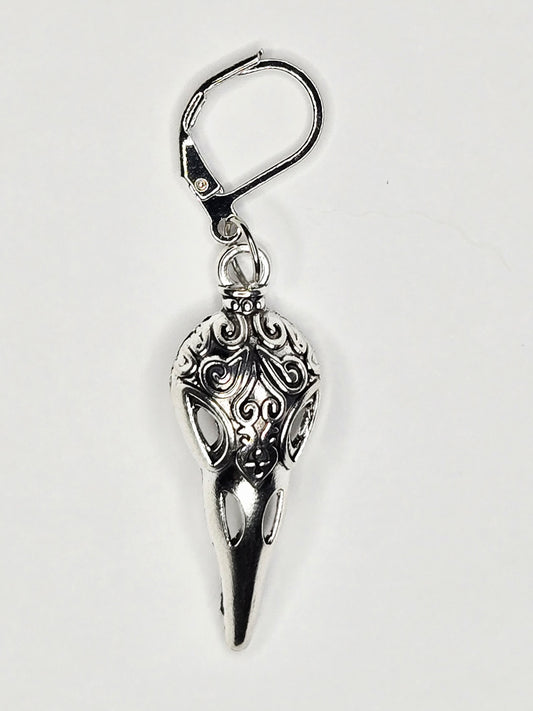 Single Stitch Marker - Raven Skull - Fob Charm - Silver Bird
