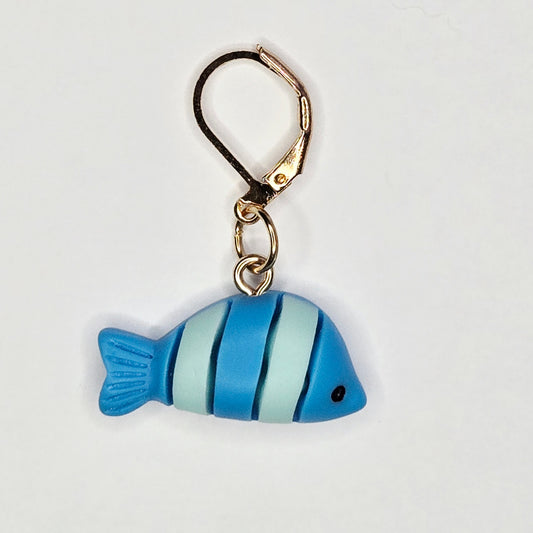 Single Stitch Marker - Striped Fish - Fob Charm - Nautical Ocean Beach Blue
