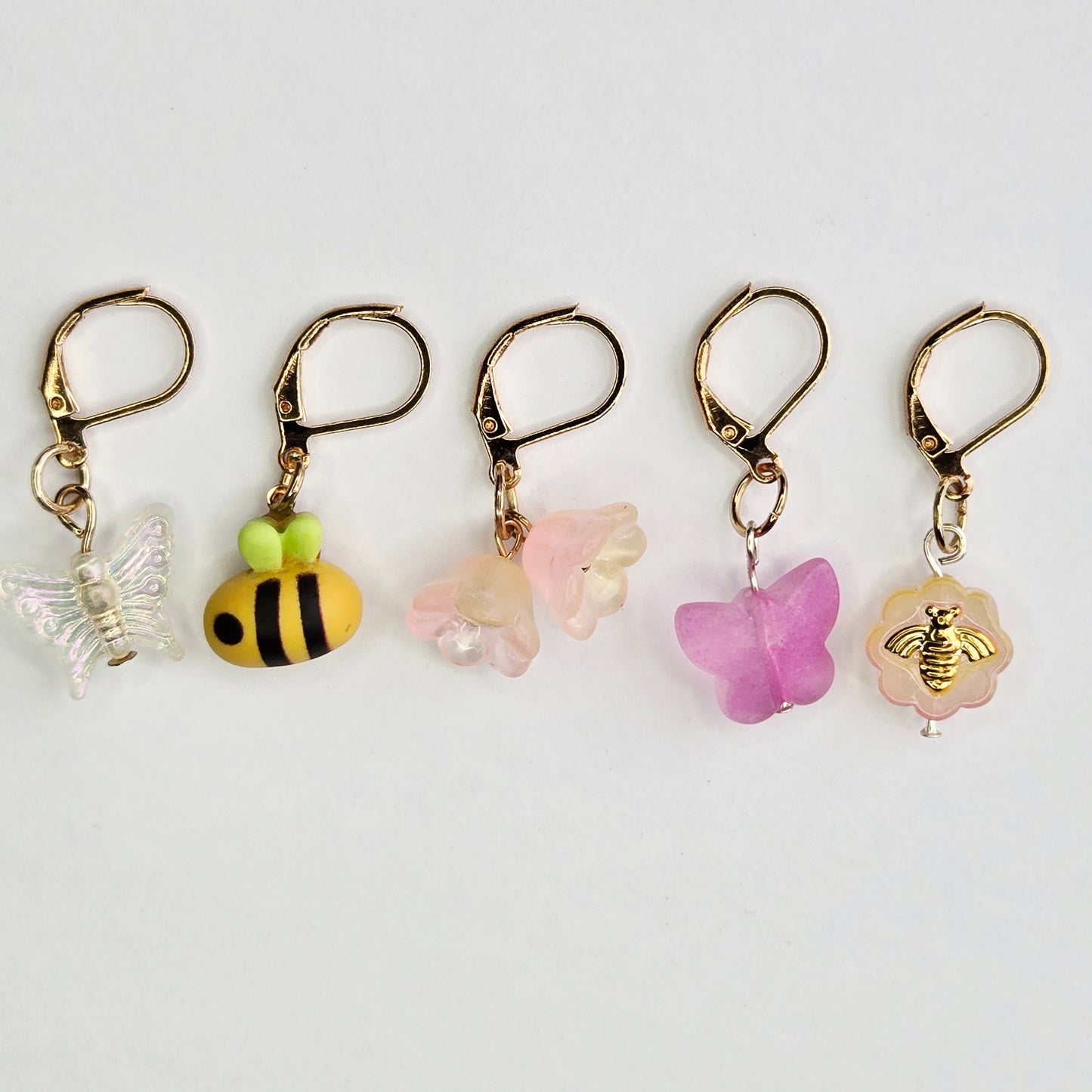 Stitch Markers - Pink Spring Bundle - Fob Charm - Butterfly Flower Honey Bee