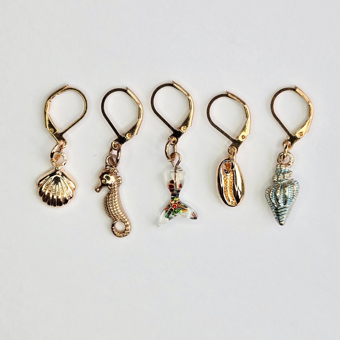 Stitch Markers - Nautical Ocean Bundle - Fob Charm - Seashell Seahorse Mermaid Gold