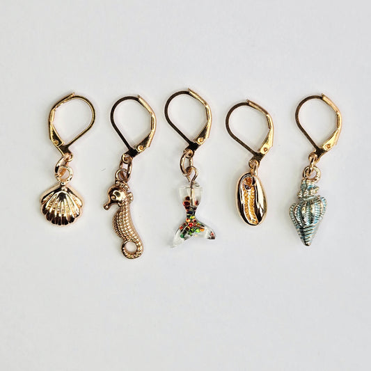 Stitch Markers - Nautical Ocean Bundle - Fob Charm - Seashell Seahorse Mermaid Gold
